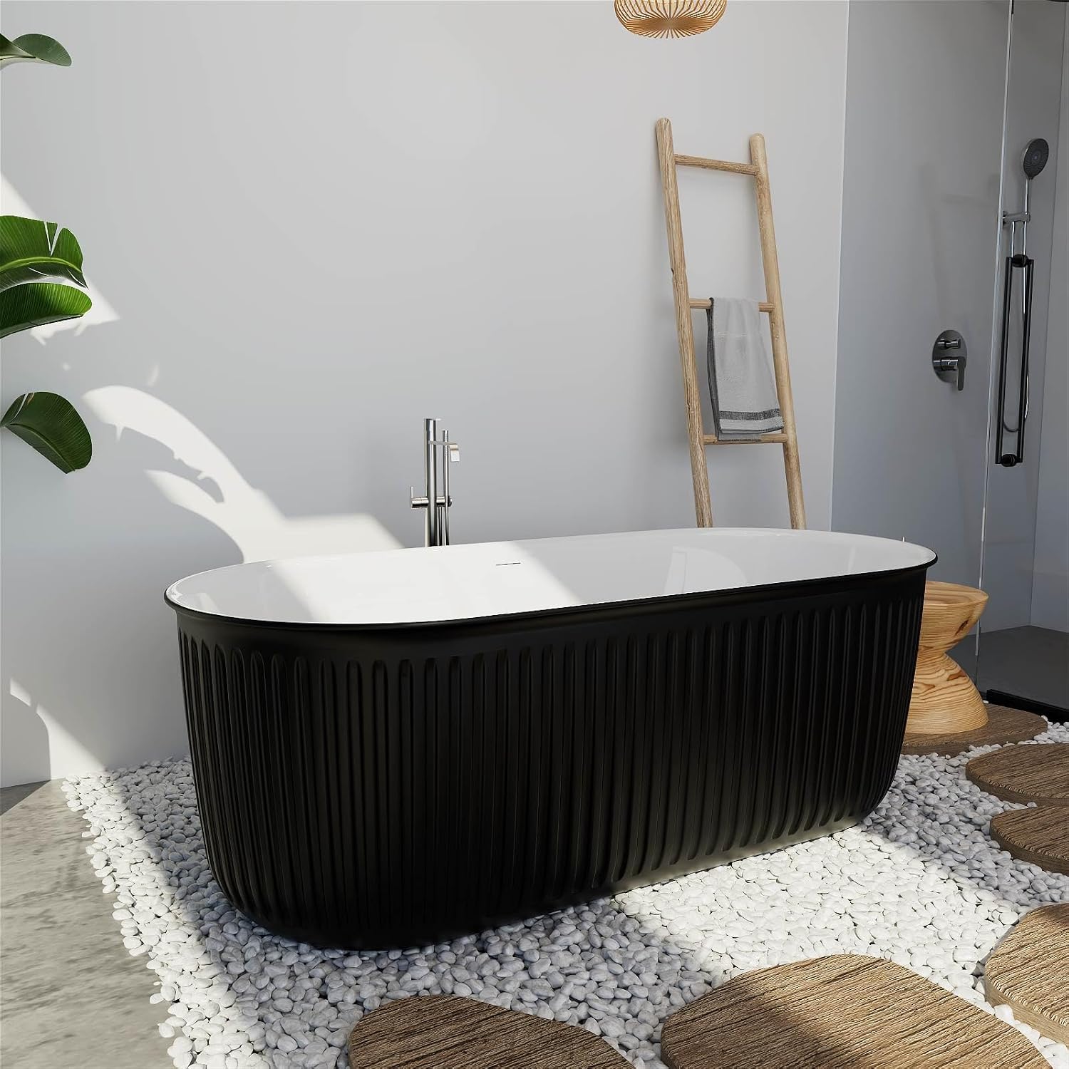 67' Freestanding Bathtub Double Ended Shape,Painted Ripple Bathtub，Soaking Tub with Integrated Slotted Overflow, Toe-Tap Chrome Drain, cUPC Certified,Black