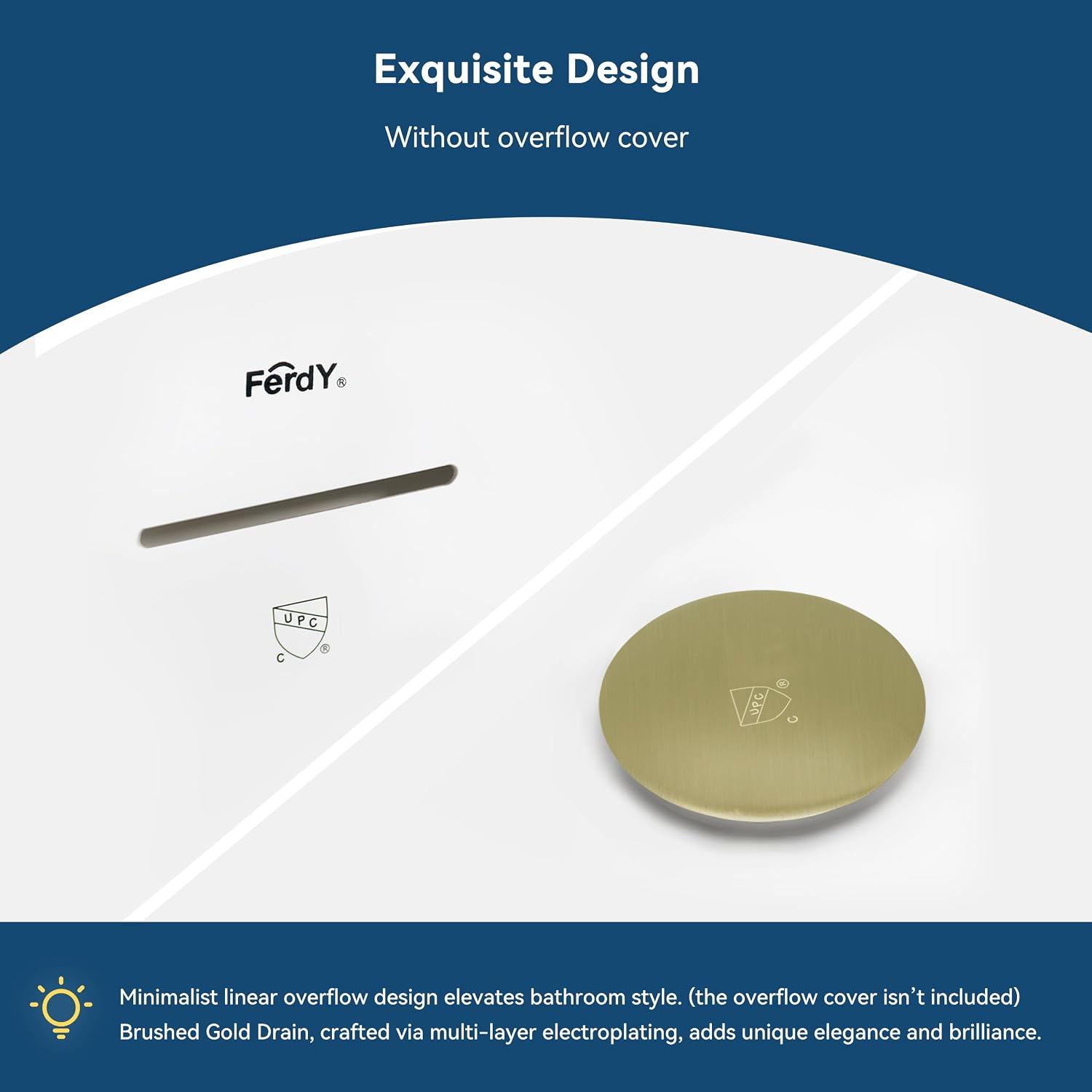FerdY Shangri-La 55' Acrylic Freestanding Bathtub, Ergonomic Lightweight Classic Oval Soaking Bathtub with Brushed Gold Drain, Minimalist Linear Design Overflow, Modern White