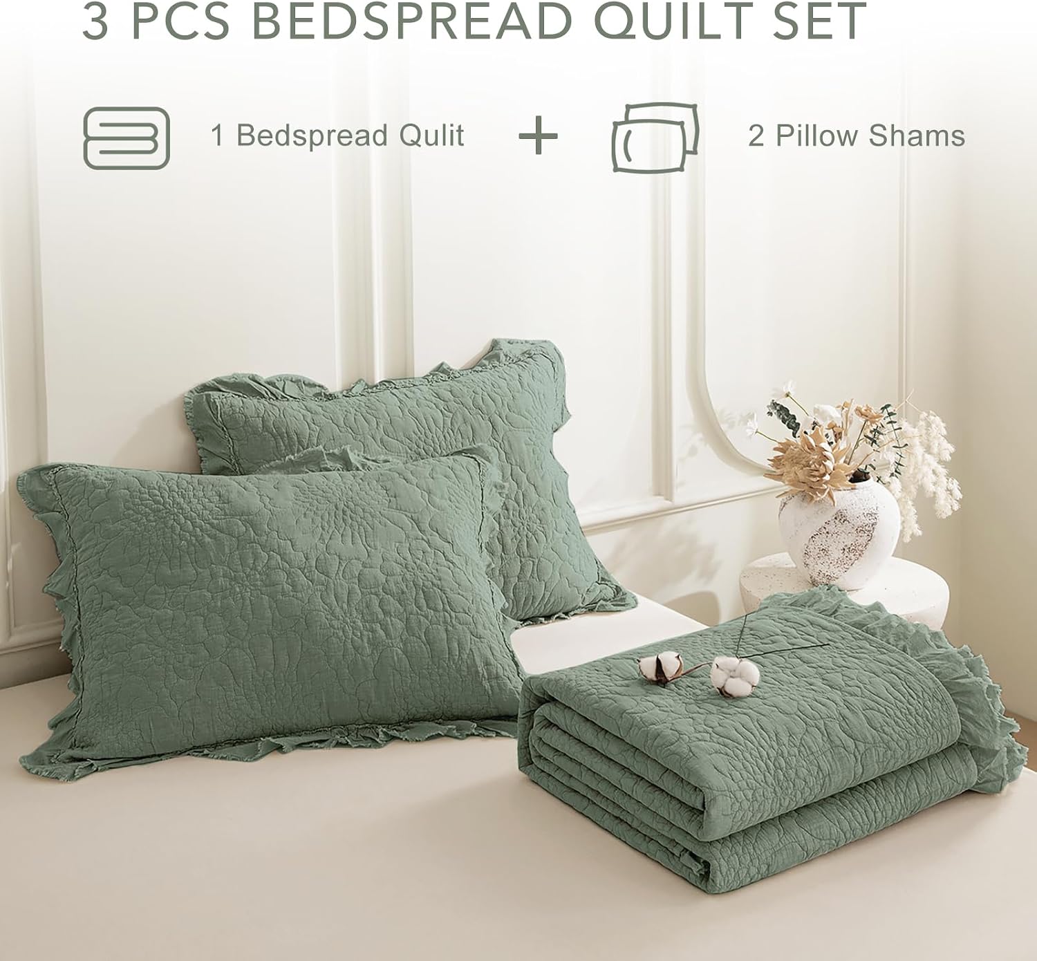 QSH 3PCs Stonewashed Cotton Quilt King (110'x98'),Olive Green Ruffle Quilt King Size Bedding Set,Ultra Lightweight Soft Crinkled Bedspread Coverlet King Shabby Farmhouse Chic Bedding for All Seasons