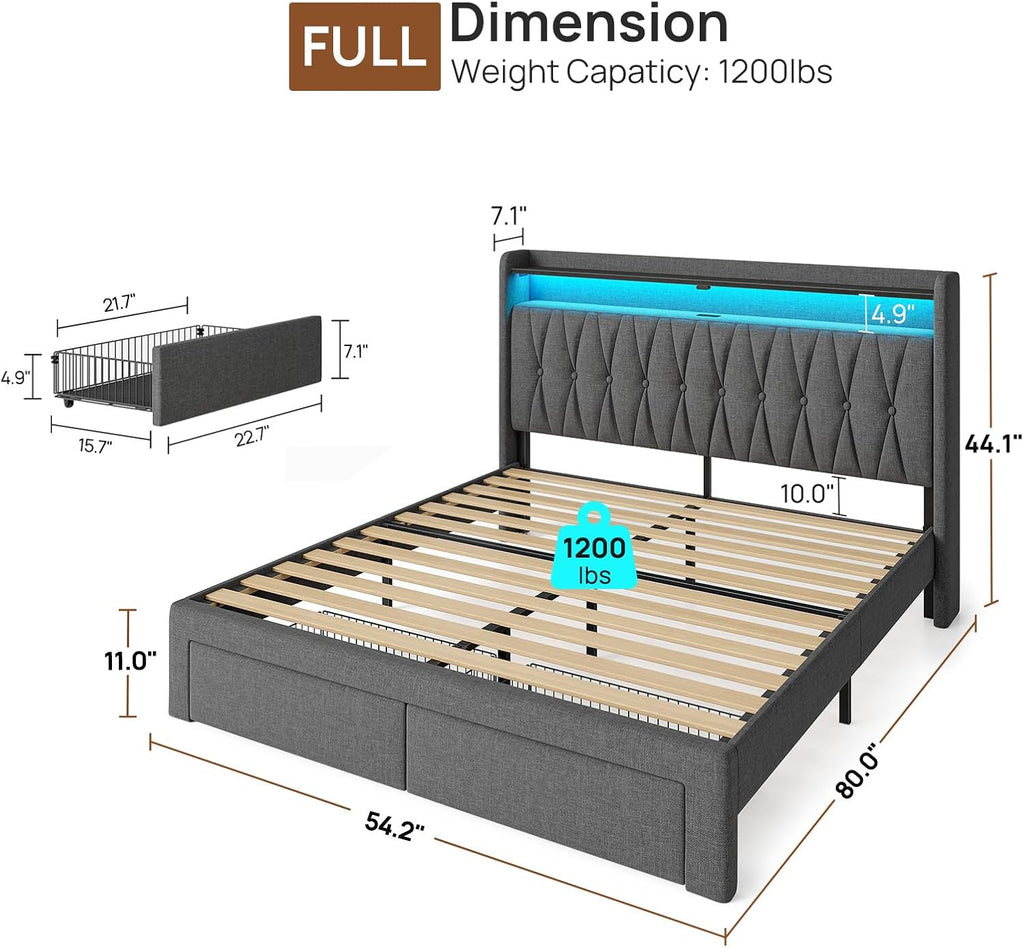 Rolanstar Full Bed Frame with Drawers, Storage Headboard with Charging Station and LED Lights, Upholstered Bed with Heavy Duty Wood Slats, No Box Spring Needed, Noise Free, Easy Assembly, Dark Grey
