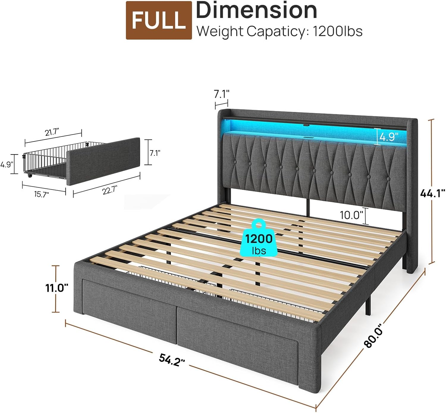 Rolanstar Full Bed Frame with Drawers, Storage Headboard with Charging Station and LED Lights, Upholstered Bed with Heavy Duty Wood Slats, No Box Spring Needed, Noise Free, Easy Assembly, Dark Grey