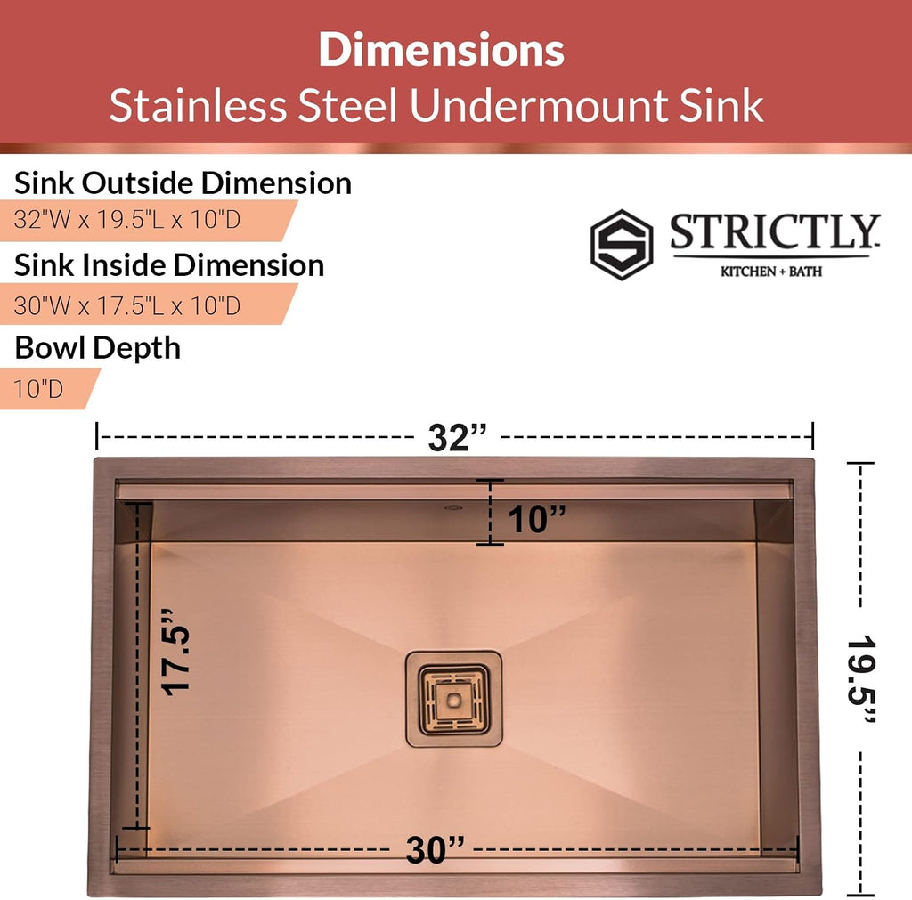Strictly Sinks Undermount Workstation Copper Kitchen Sink –32 Inch 16 Gauge Single Bowl Kitchen Sink with Bottom Grid, Wooden Cutting Board, Colander, 1 Garbage Disposal Adapter, & 1 Strainer Drain