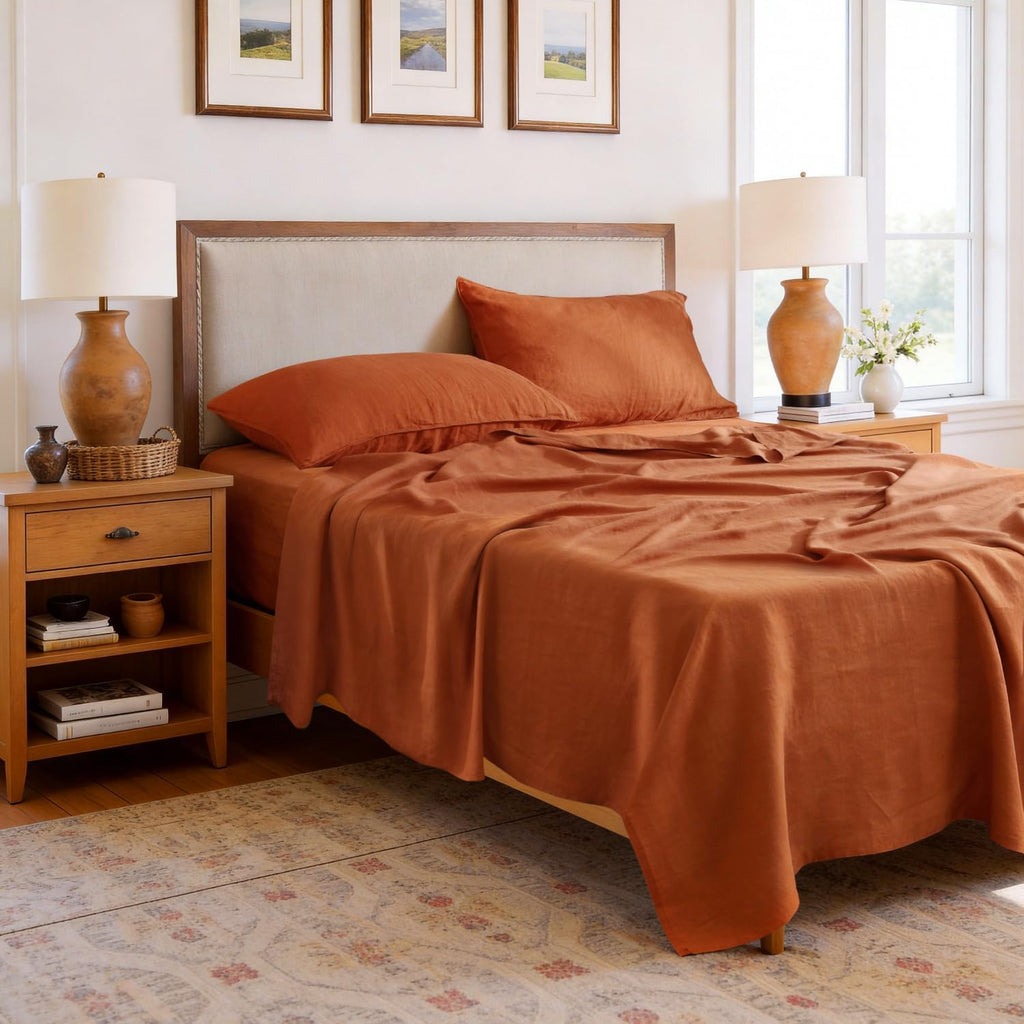 S VICTORY SYMBOL 100% Organic Linen Sheets Set Queen Size,Natural French Flax from Normandy Bedding Set with Stone Washed 4 Pieces,Ultra Soft Breathable(Caramel)