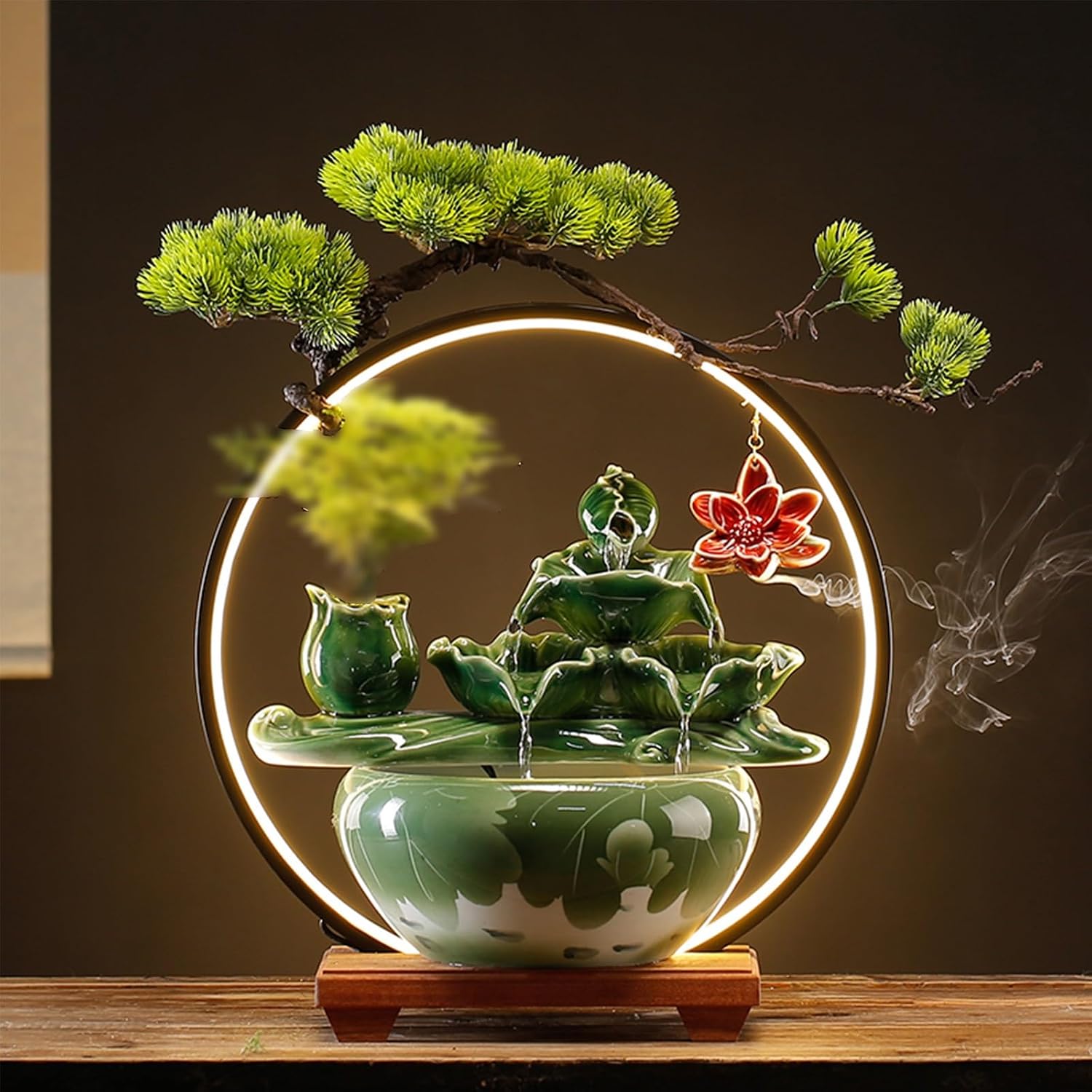 Tabletop Fountain with Light Waterfall Fountain with Backflow Incense Burner Desktop Zen Water Fountain Ceramic Fish Tank Indoor Water Fountain for Home Office Without Plants.(Style4)