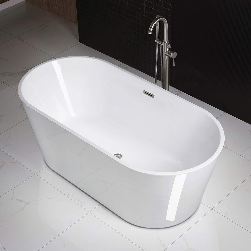 WOODBRIDGE 67' Acrylic Freestanding Bathtub Contemporary Soaking White Tub with Brushed Nickel Overflow and Drain，B0013-BN