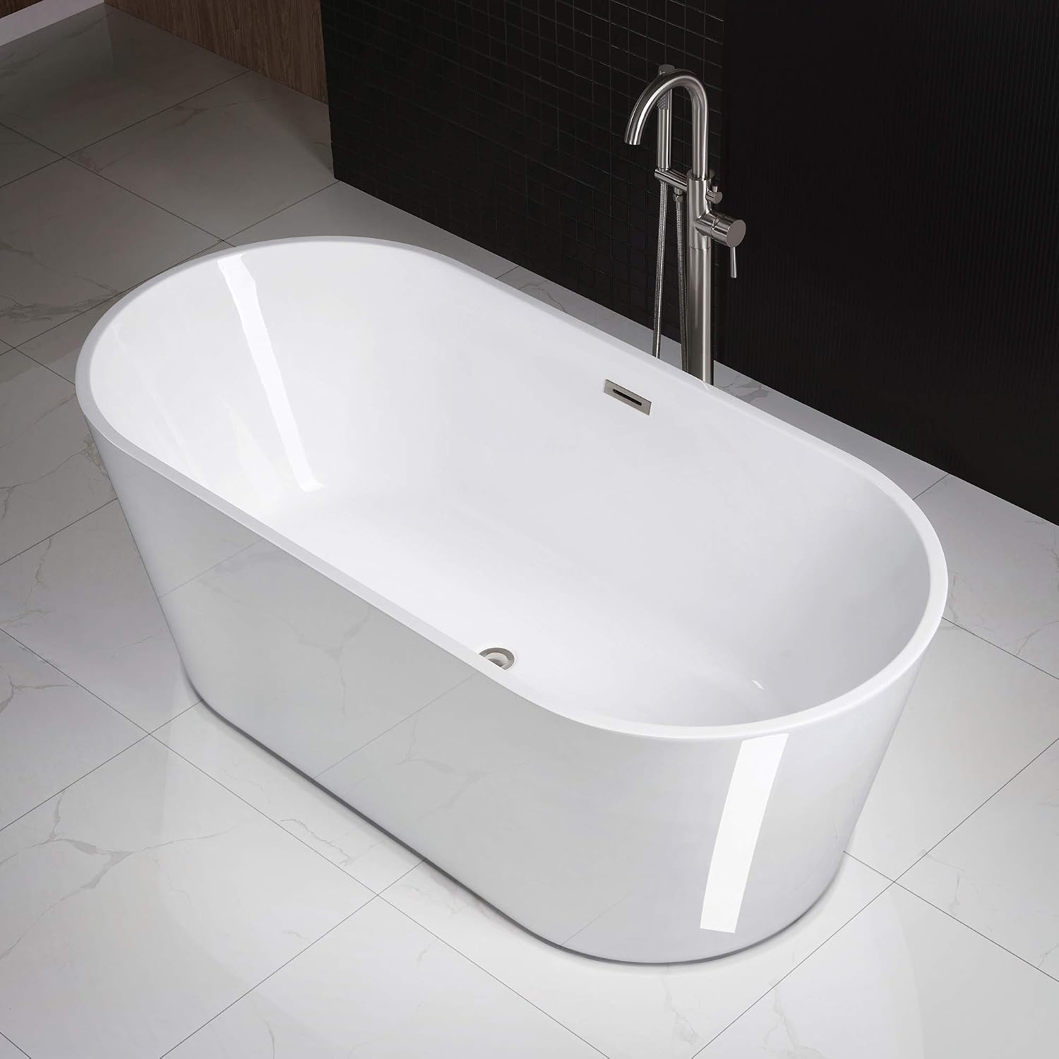 WOODBRIDGE 67' Acrylic Freestanding Bathtub Contemporary Soaking White Tub with Brushed Nickel Overflow and Drain，B0013-BN