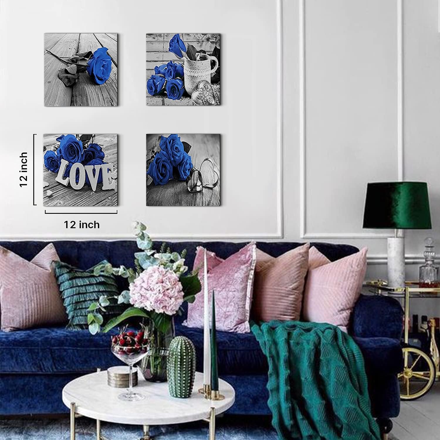 Blue Flower Wall Art Black and White Wall Decor Blue Rose Prints Paintings Artwork Bathroom Kitchen Living Room Home Decorations 20 x 20' Sets 4 Panels Rustic Romantic Floral Love Sign Frames Pictures