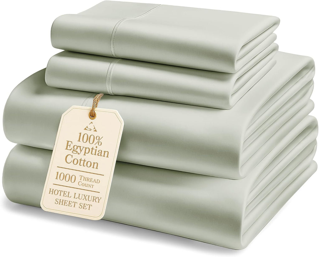 100% Egyptian Cotton Queen Bed Sheet Set – 1000 Thread Count 4 Piece Queen Sheets Set, Breathable & Fade Resistant, Silky Sateen Weave, Ultra-Soft Hotel Luxury Bedding with 15' Deep Pocket - Mineral