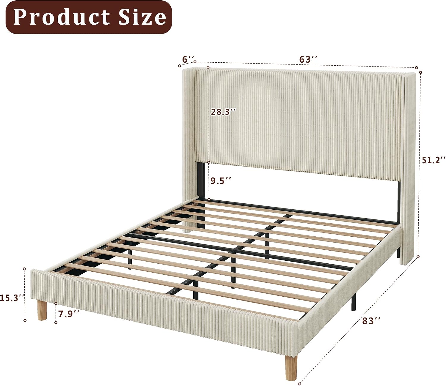 HUAHUU Queen Bed Frame with 51.2' Tall Headboard, Corduroy Upholstered Bed Frame with Wingback, Platform Bed with Wooden Slats Support, Easy Assembly, No Box Spring Needed, Beige