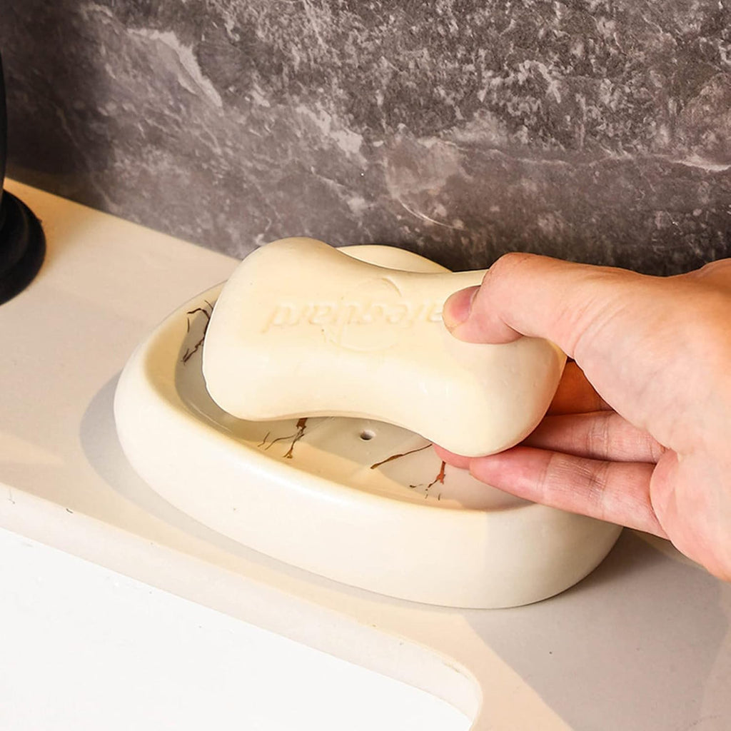 6 Piece Bathroom Soap Dispenser and Toothbrush Holder Set, Ceramic Soap Dispenser, Vanity Countertop Accessory Toothbrush Holder Set with Marble Look -Beige