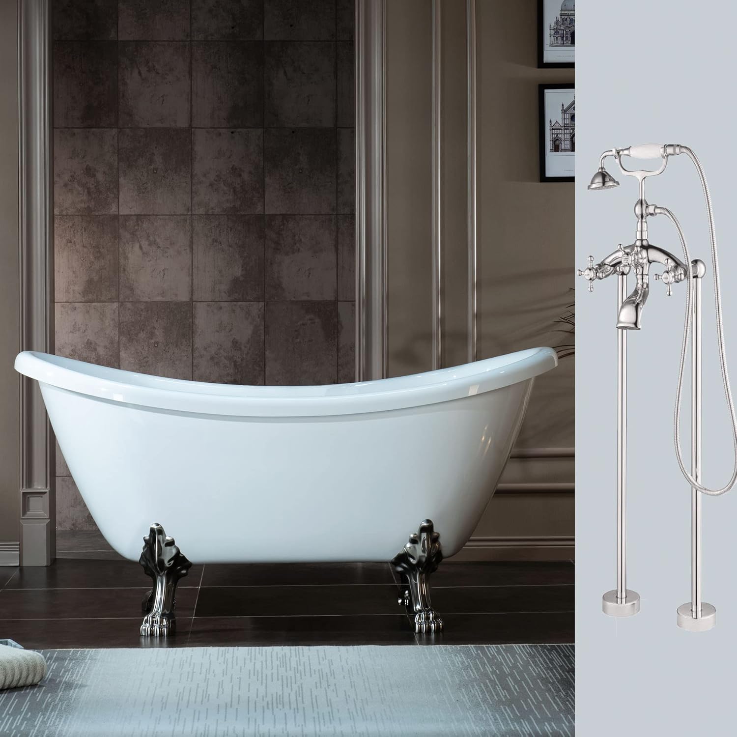 WOODBRIDGE All Inclusive Package 59' Heavy Duty Acrylic Double Slipper Clawfoot Bath Tub with Brushed Nickel Feet+B/N Drain &Overflow+B/N Faucet