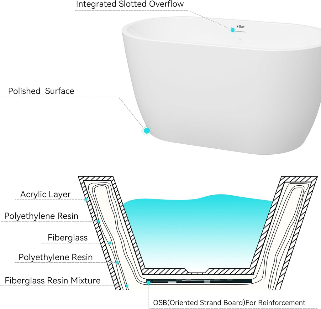 FerdY 47' Bali Acrylic Freestanding Bathtub, Gracefully Shaped Freestanding Soaking Bathtub, cUPC Certified, Toe-Tap Matte Black Drain and Minimalist Linear Design Overflow Included