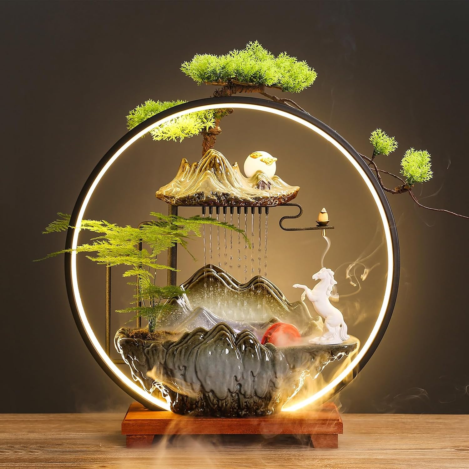 Tabletop Fountain with LED Light, Indoor Waterfall Fountain with Water Wheel & Wood Base, Chinese-Style Creative Water Feature for Office Living Room Bedroom(B)