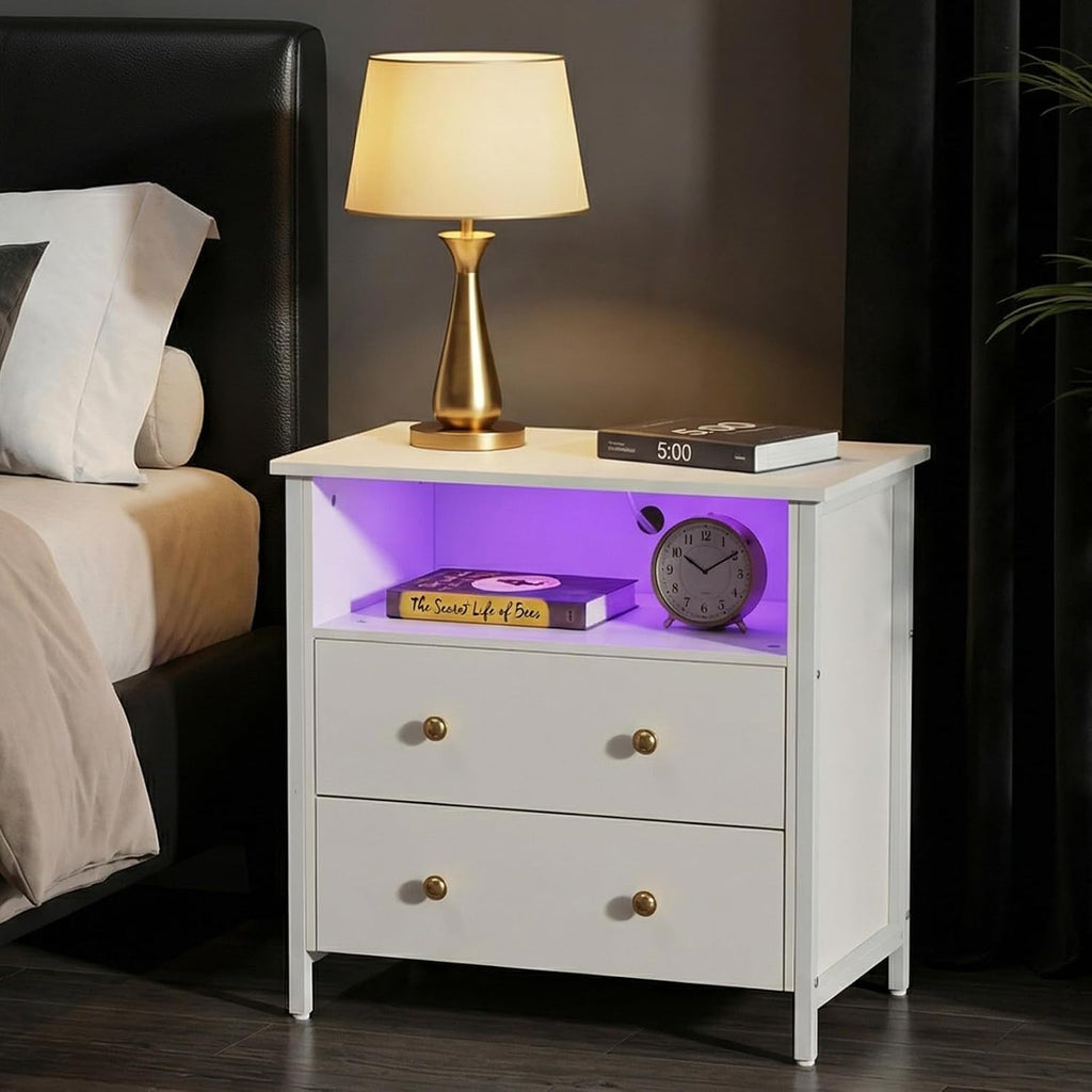 27 Inch Wide Night Stand, Large Wood Night Stand Set 2 with 2 Drawers, LED Nightstand with Charging Station and Adjustable Drawer, Bedside Table for Living Room/Bedroom/Study/Office, White.