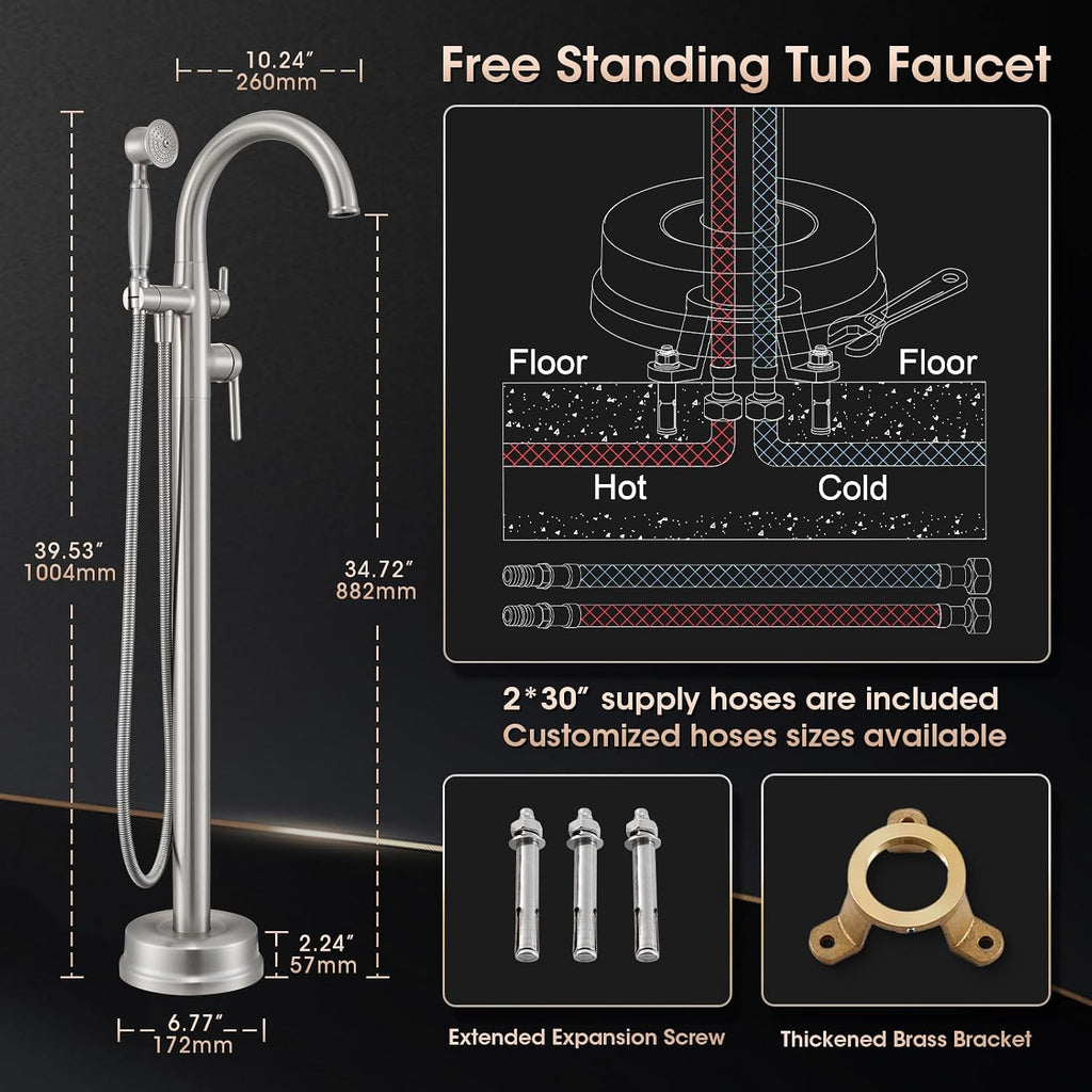 Brushed Nickel Freestanding Bathtub Faucet,Brass Floor Mount Tub Faucet High Flow Max 6.6GPM/60PSI with Hand Shower