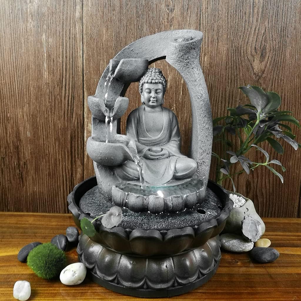 Creative Tabletop Fountain with LED Lights - Buddha Statue Waterfall Decor, Resin Indoor Water Feature, Feng Shui Ornaments for Home Decoration & Relaxation
