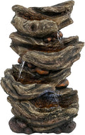 9x5x14 Indoor Brown Wood Look Water Fountain, 4 Tier Polyresin Cascading Wood Tabletop Fountain with LED Light