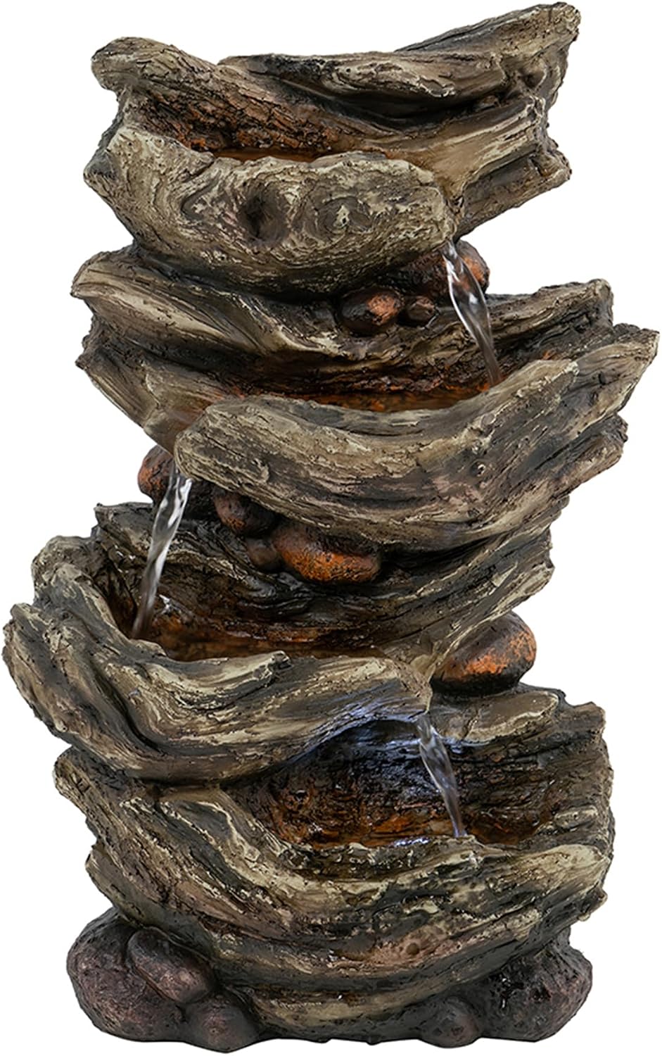 9x5x14 Indoor Brown Wood Look Water Fountain, 4 Tier Polyresin Cascading Wood Tabletop Fountain with LED Light