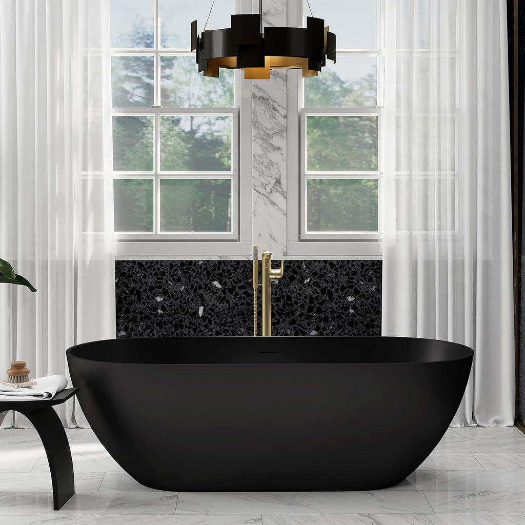 CASAINC 69' Free Standing Tub, Oval-Shaped Stone Resin Freestanding Bathtub Matte Black Solid Surface Soaking Tub with Drain, Drain Hose & Sanding Paper