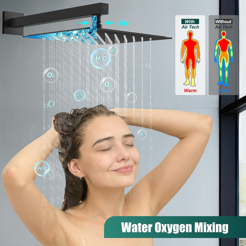 Heyalan Shower System Square Rain Shower System Head Shower Faucet Fixture 2 in 1 Handheld Shower Sprayer Rough in Valve Wall Mount Bathroom Rainfall Combo Set High Pressure,12 Inch,Matte Black