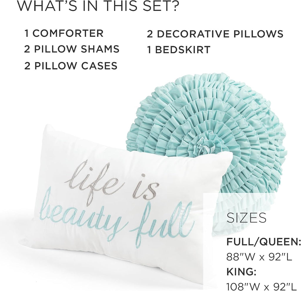 Lush Decor Aprile Soft Reversible Floral Comforter Set, 8 Piece Set, Queen, Blue & Gray - Floral Bedding Set - Queen Sized Comforter Full - Blue Gray Bedding - Spring Home Decor - Cottage - Farmhouse