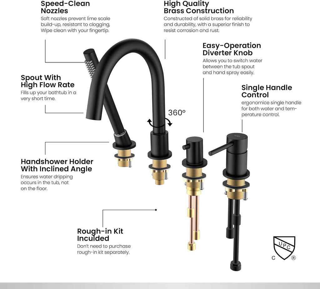 KIBI Circular Single Handle Roman Tub Faucet with Hand Shower | Deck Mounted Bathtub Faucet Set with Diverter | Durable Solid Brass Construction, Smooth Water Flow Control | Matte Black, KTF3101