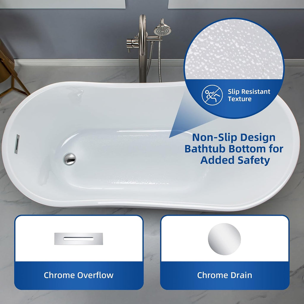 WOODBRIDGE 59' Acrylic Freestanding Bathtub Contemporary Soaking White Tub with Chrome Overflow and Drain,B1530-C-Drain&O