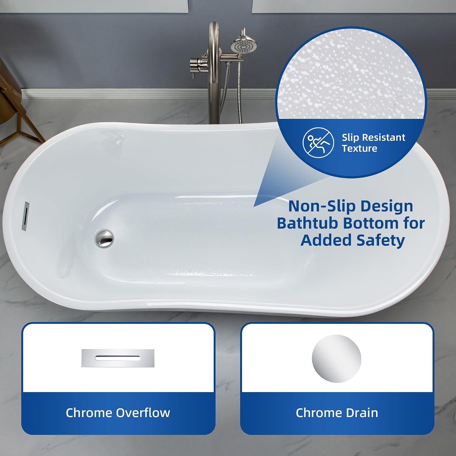 WOODBRIDGE 59' Acrylic Freestanding Bathtub Contemporary Soaking White Tub with Chrome Overflow and Drain,B1530-C-Drain&O