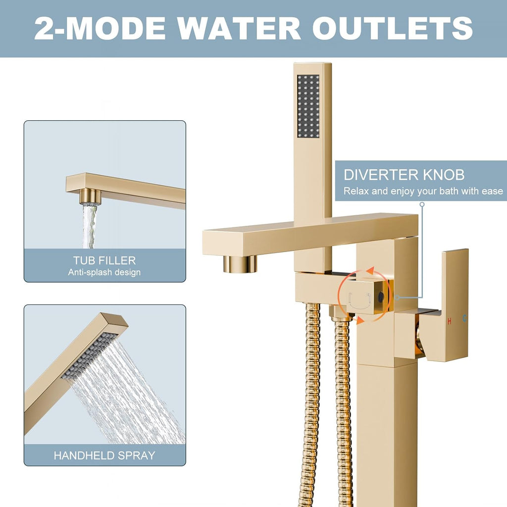 Free Standing Tub Faucet Brushed Gold,Freestanding Bathtub Faucet For Luxury Bathtub,High Flow Tub Filler,Swivel Spout Brass Construction with Handheld Shower