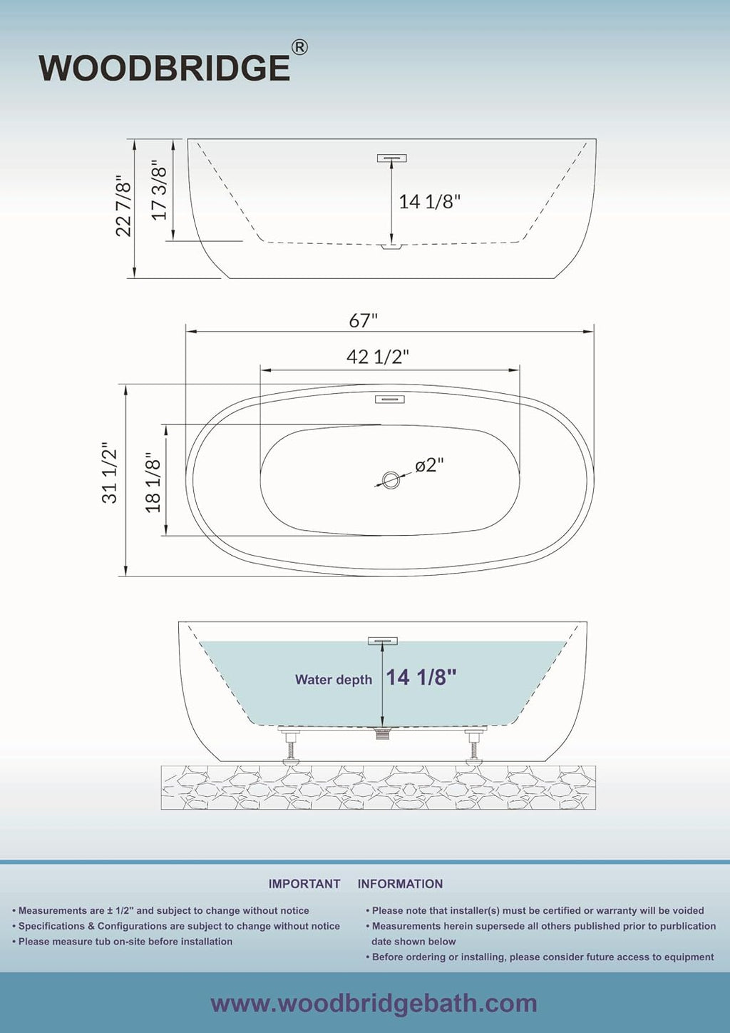 WOODBRIDGE 67' Acrylic Freestanding Bathtub Contemporary Soaking White Tub with Oil Rubbed Bronze Overflow and Drain，BTA1528-ORB