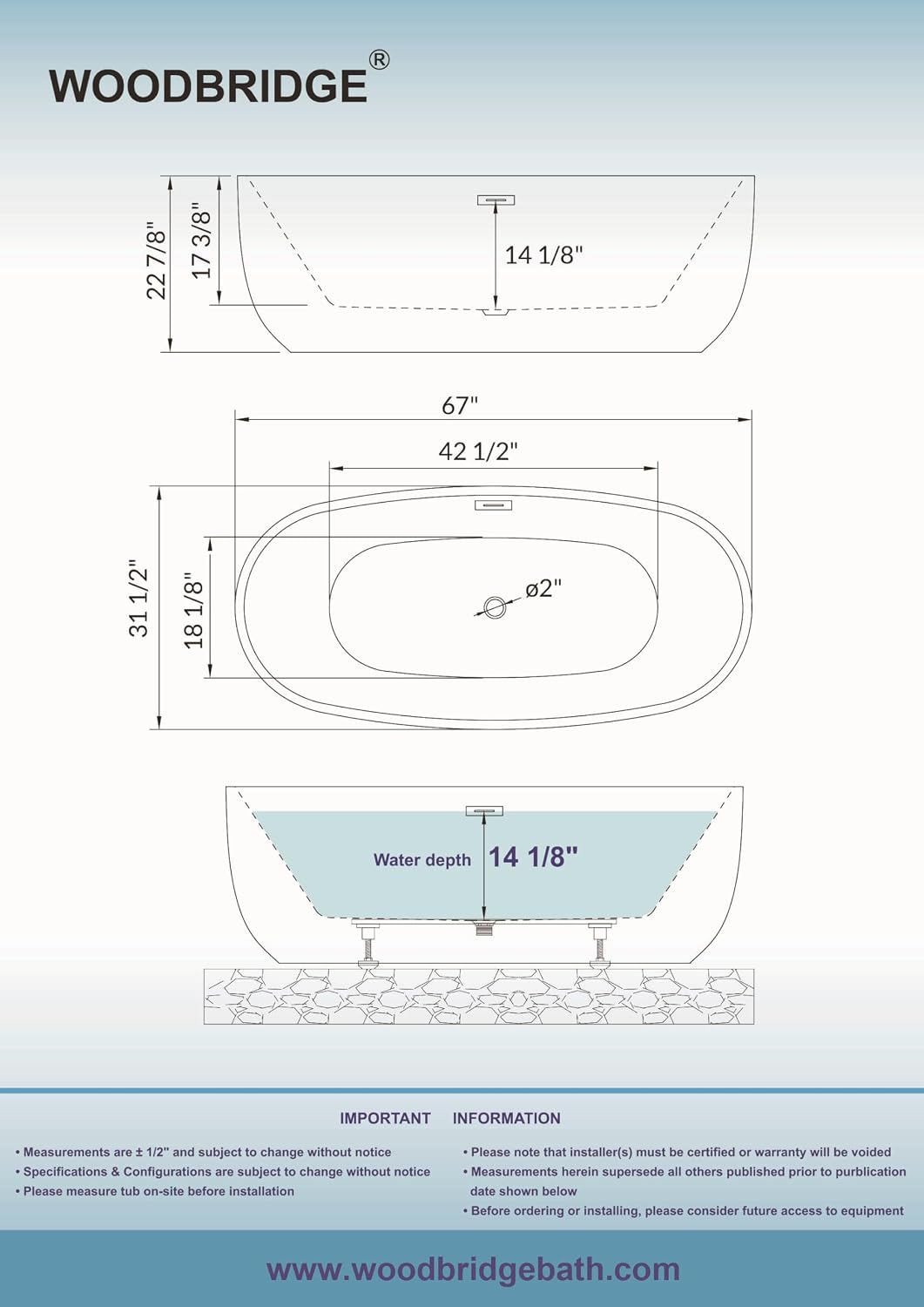 WOODBRIDGE 67' Acrylic Freestanding Bathtub Contemporary Soaking White Tub with Oil Rubbed Bronze Overflow and Drain，BTA1528-ORB