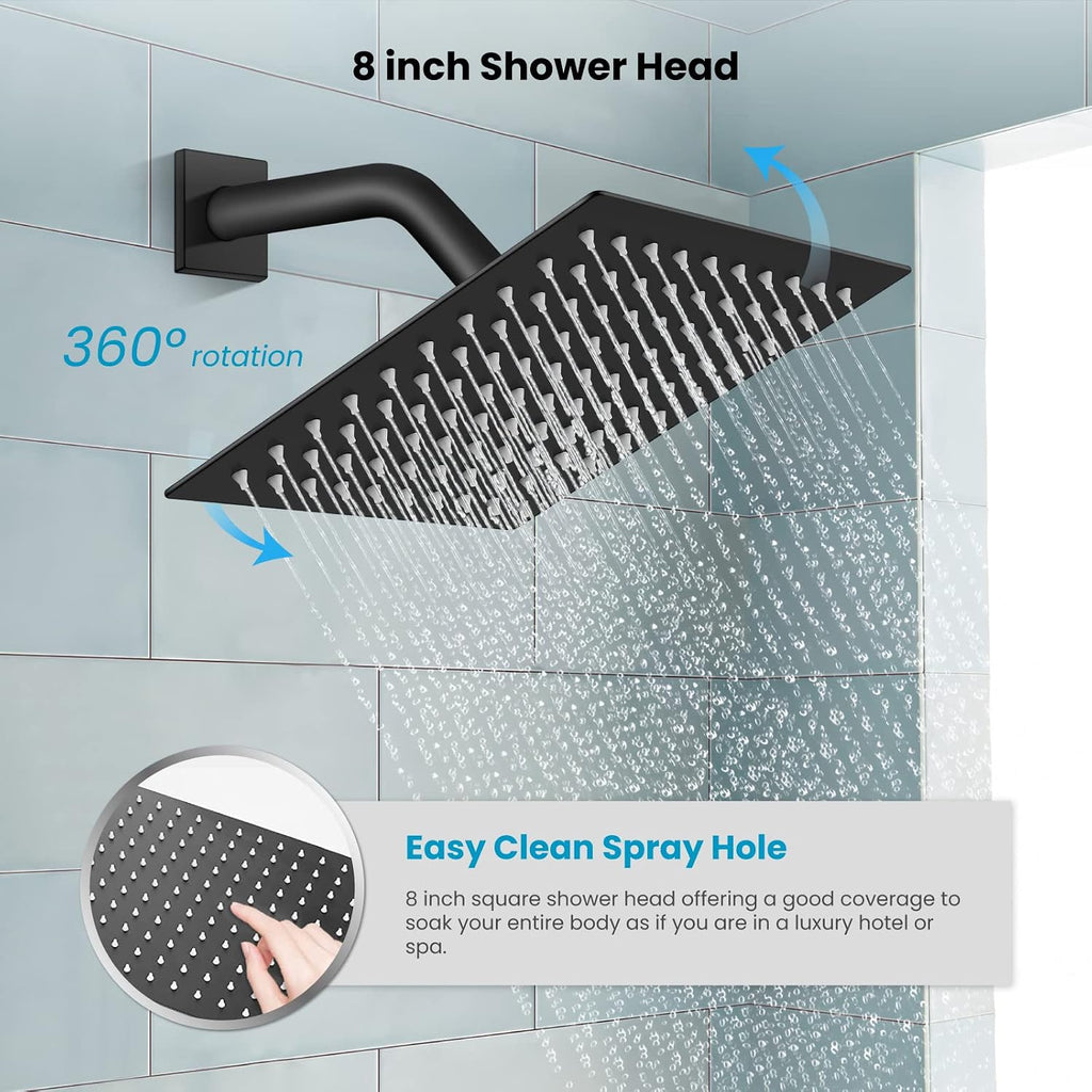 gotonovo Rainfall Tub Shower Faucet Set Bathroom Shower System with Tub Spout Wall Mount Square High Pressure Shower Fixtures with Handheld Sprayer Rough-In Valve 8'' Shower Head,Matte Black