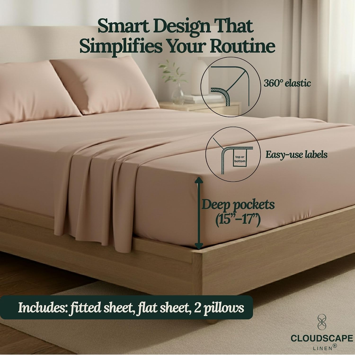 CLOUDSCAPE 100% Egyptian Cotton Sheets Full Size, 4 Pcs Breathable and Naturally Cooling Bedding Set, Long-Staple Cotton for Lasting Softness, Deep Pocket Fitted up to 16' Full Sheet, SepiaRose