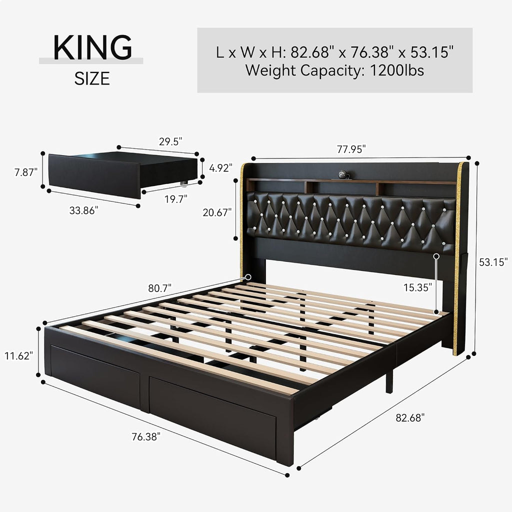 Torana King LED Bed Frame with 2 Drawers, 53' Tall Platform Beds with Galaxy Star Projector Charging Station, PU Upholstered Diamond Tufted Aurora Bedframe with Storage Headboard, Black
