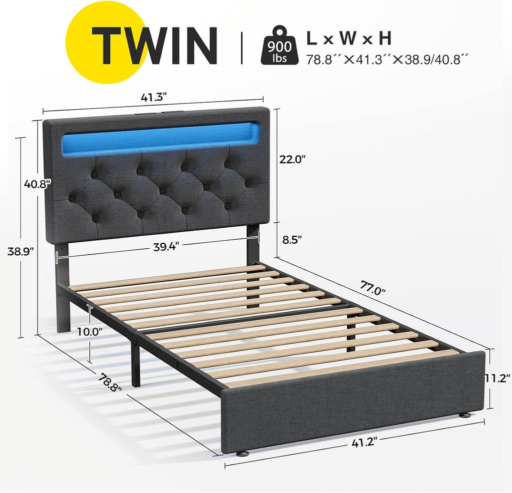 Rolanstar Twin Bed Frame with Charging Station, LED Bed with Under Bed Storage, Adjustable Headboard 38.9/40.8 Inches, No Box Spring Needed, Noise Free, Easy Assembly, Black