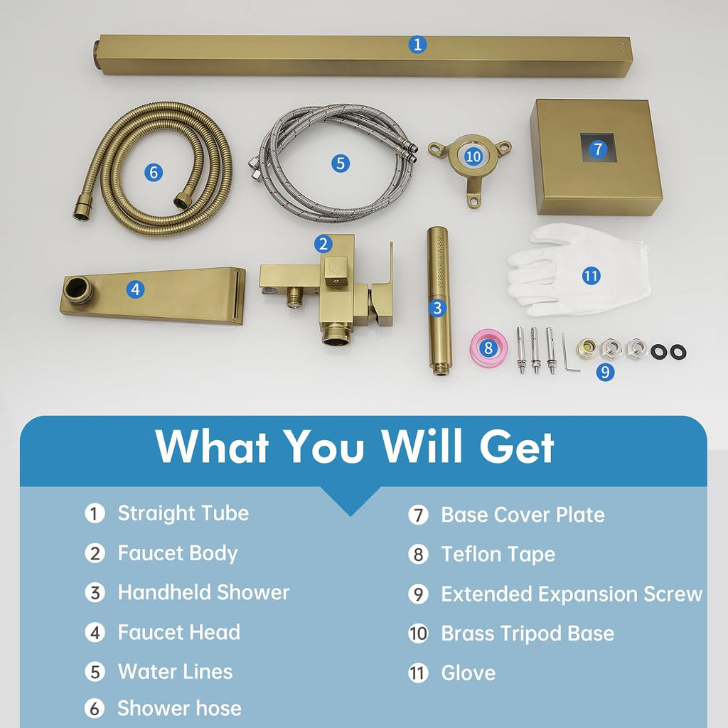 RUMOSE Brushed Gold Bathtub Filler Freestanding Tub Filler Floor Mount Tub Faucet Waterfall Bathtub Faucet with CUPC Certified High Flow Brass Bath Shower Faucets with Handheld Sprayer