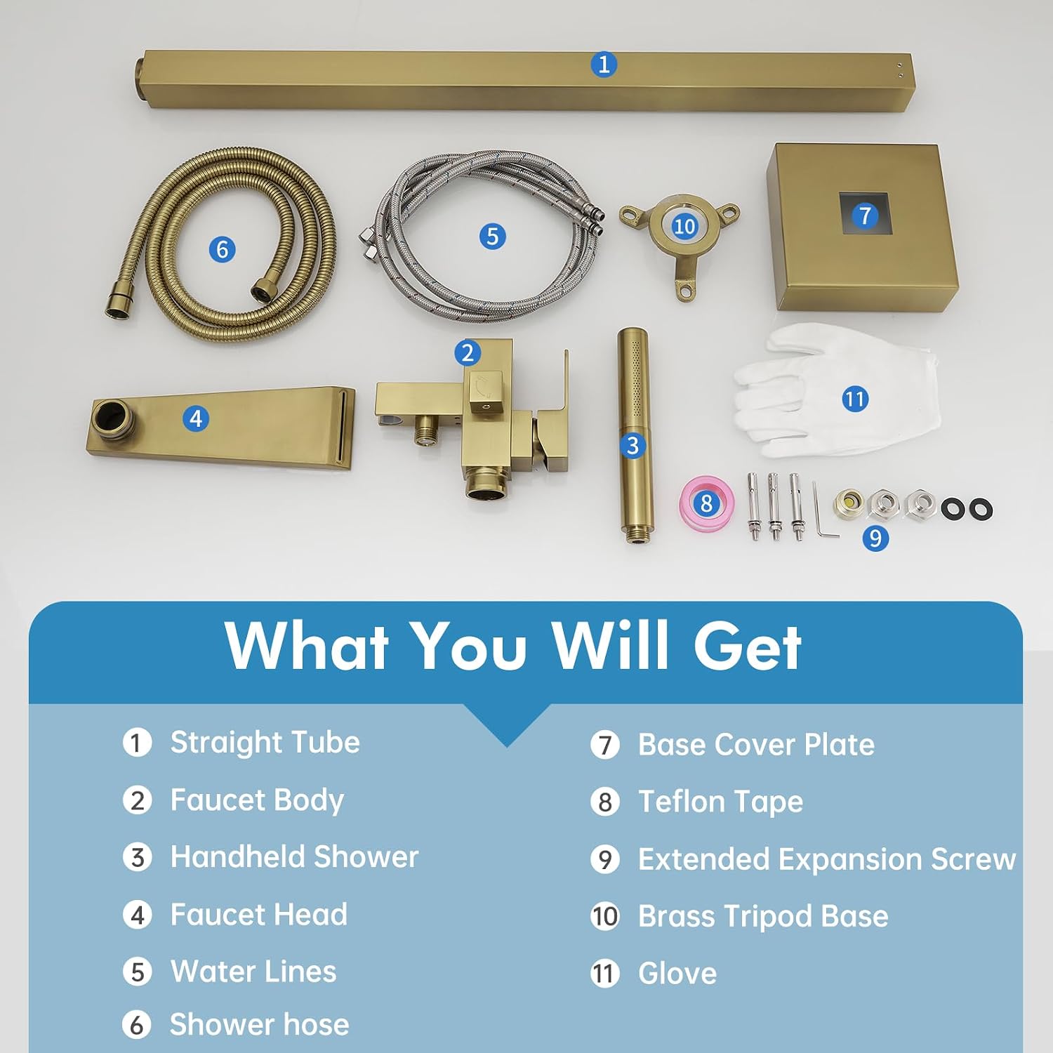 RUMOSE Brushed Gold Bathtub Filler Freestanding Tub Filler Floor Mount Tub Faucet Waterfall Bathtub Faucet with CUPC Certified High Flow Brass Bath Shower Faucets with Handheld Sprayer