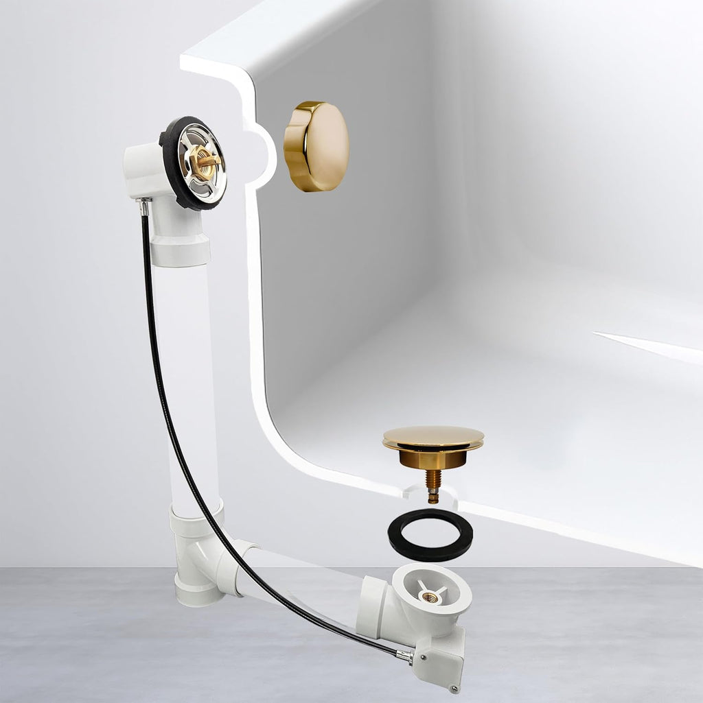 Westbrass D50P45-01 45' Cable Drive Standard Bath Drain Trim Kit with Rotary Overflow Cover Knob, Pop-Up Stopper and SCH. 40 PVC Fittings, Polished Brass