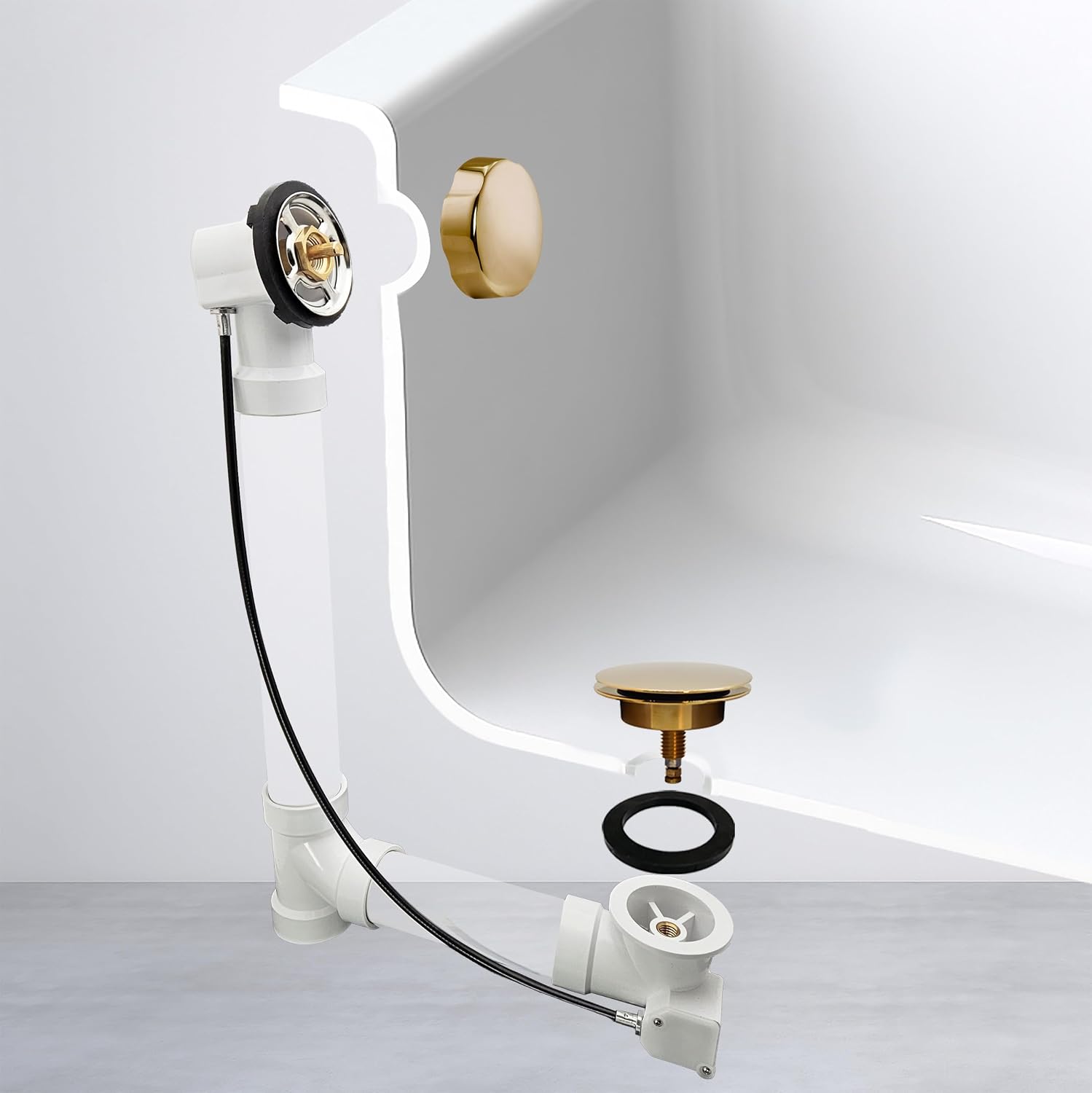 Westbrass D50P45-01 45' Cable Drive Standard Bath Drain Trim Kit with Rotary Overflow Cover Knob, Pop-Up Stopper and SCH. 40 PVC Fittings, Polished Brass