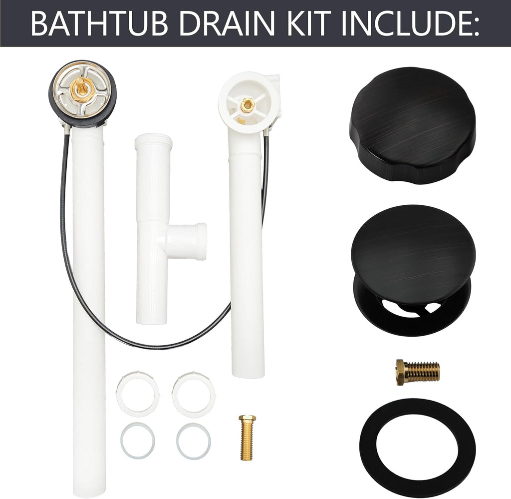 Westbrass A50P27TLE-12A 27' Cable Drive Bath Drain Trim Kit with Rotary Overflow Cover Knob, European Stopper and Poly Tubular Pipes, Antique Bronze