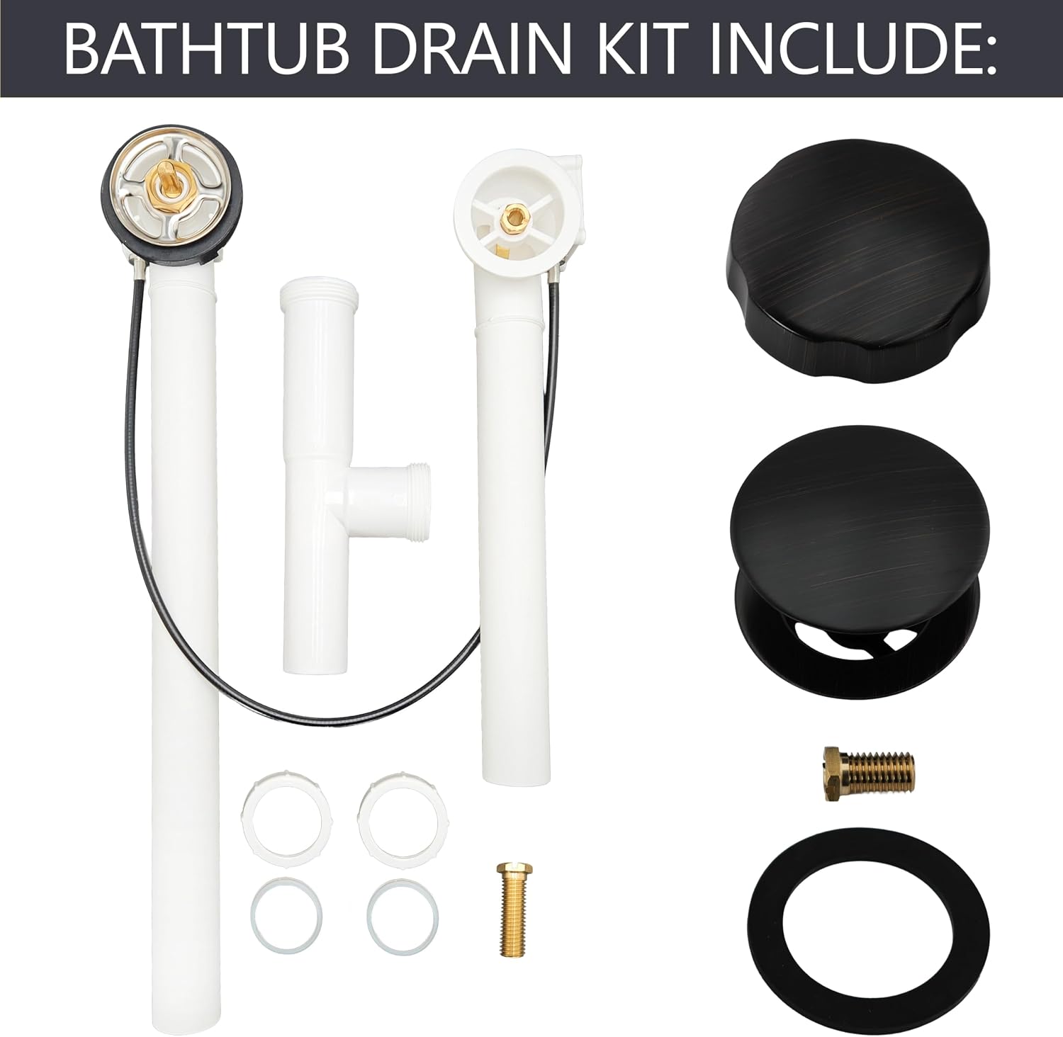 Westbrass A50P27TLE-12A 27' Cable Drive Bath Drain Trim Kit with Rotary Overflow Cover Knob, European Stopper and Poly Tubular Pipes, Antique Bronze