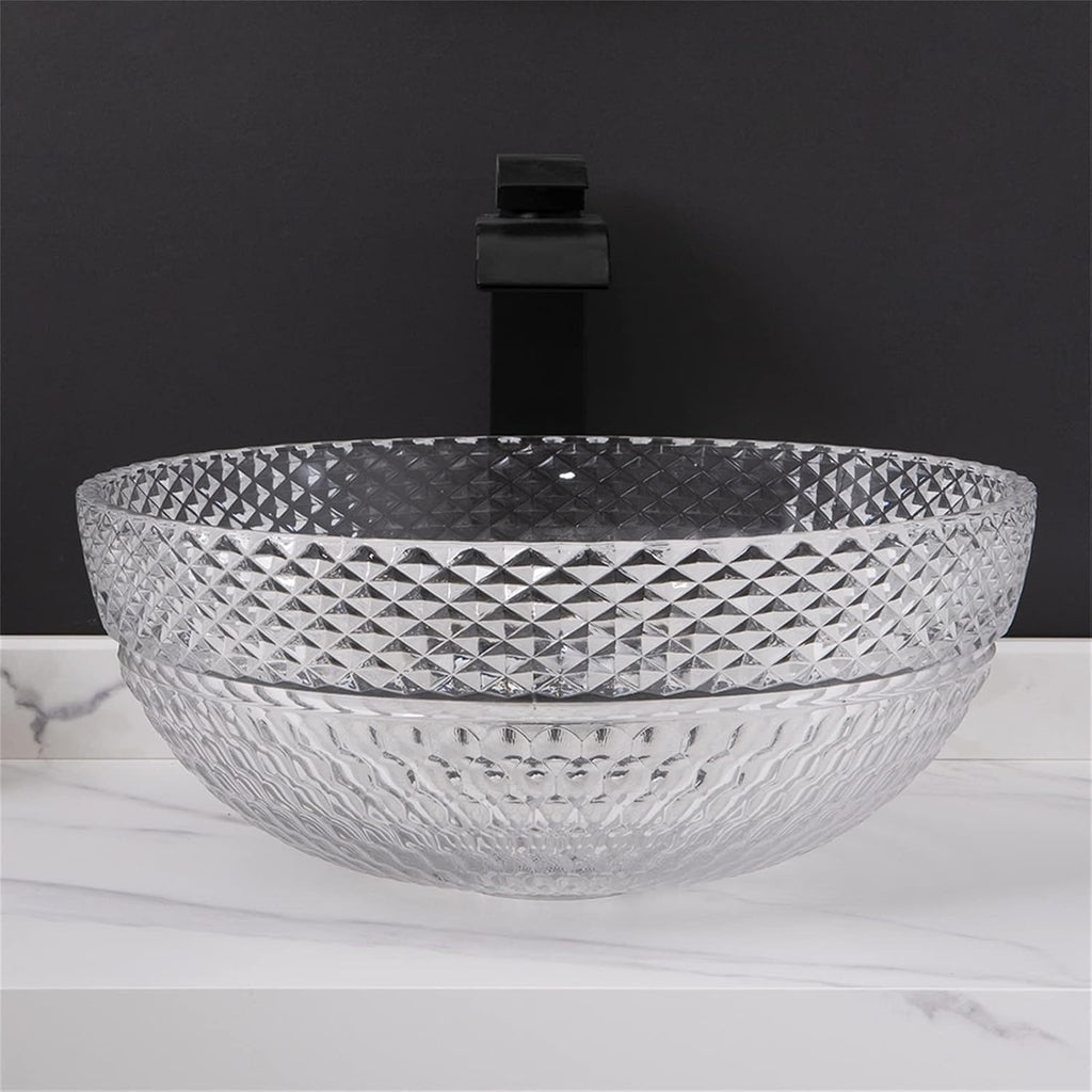 Tempered Glass Vessel Bathroom Vanity Sink Round Bowl, Transparent Above Counter Bathroom Vessel Vanity Sink with Chrome Faucet and Pop-Up Drain Combo,Single Basin Set (Single Basin Set)