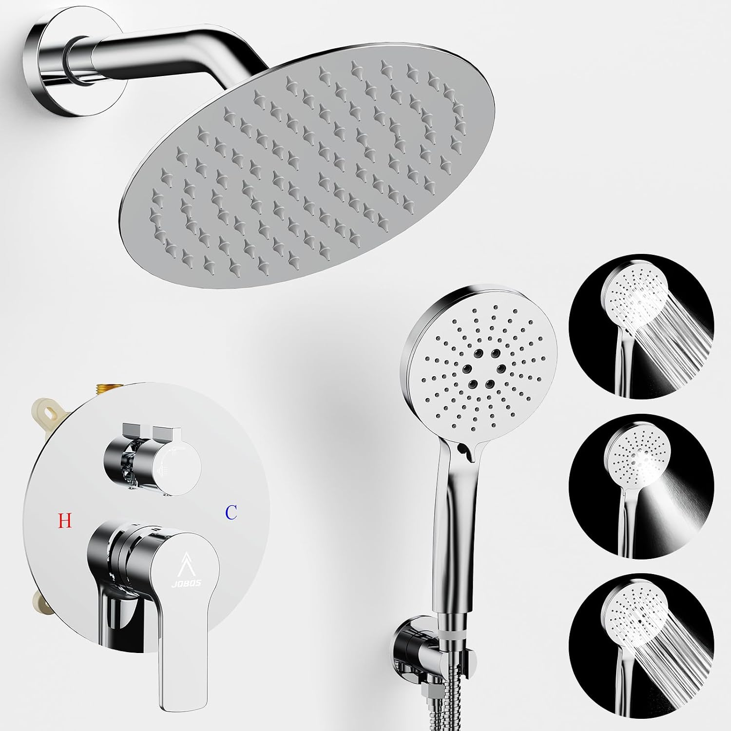 Shower Faucet Set 8IN Brass Rough-In Valve Body Trim Kit Rainfall Included Handle Accessories Complete 2 Functions with Rain Head and Handheld Bathroom Systems (8'', Chrome Polished)