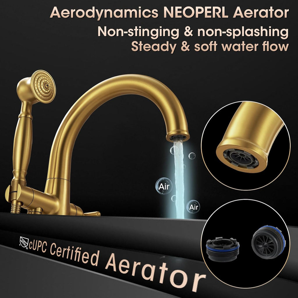 Free Standing Tub Faucet, Wintap Brass Antique Freestanding Bathtub Filler with Handheld Sprayer Max 6.6GPM/60PSI Classic Brushed Gold WT-9811BG