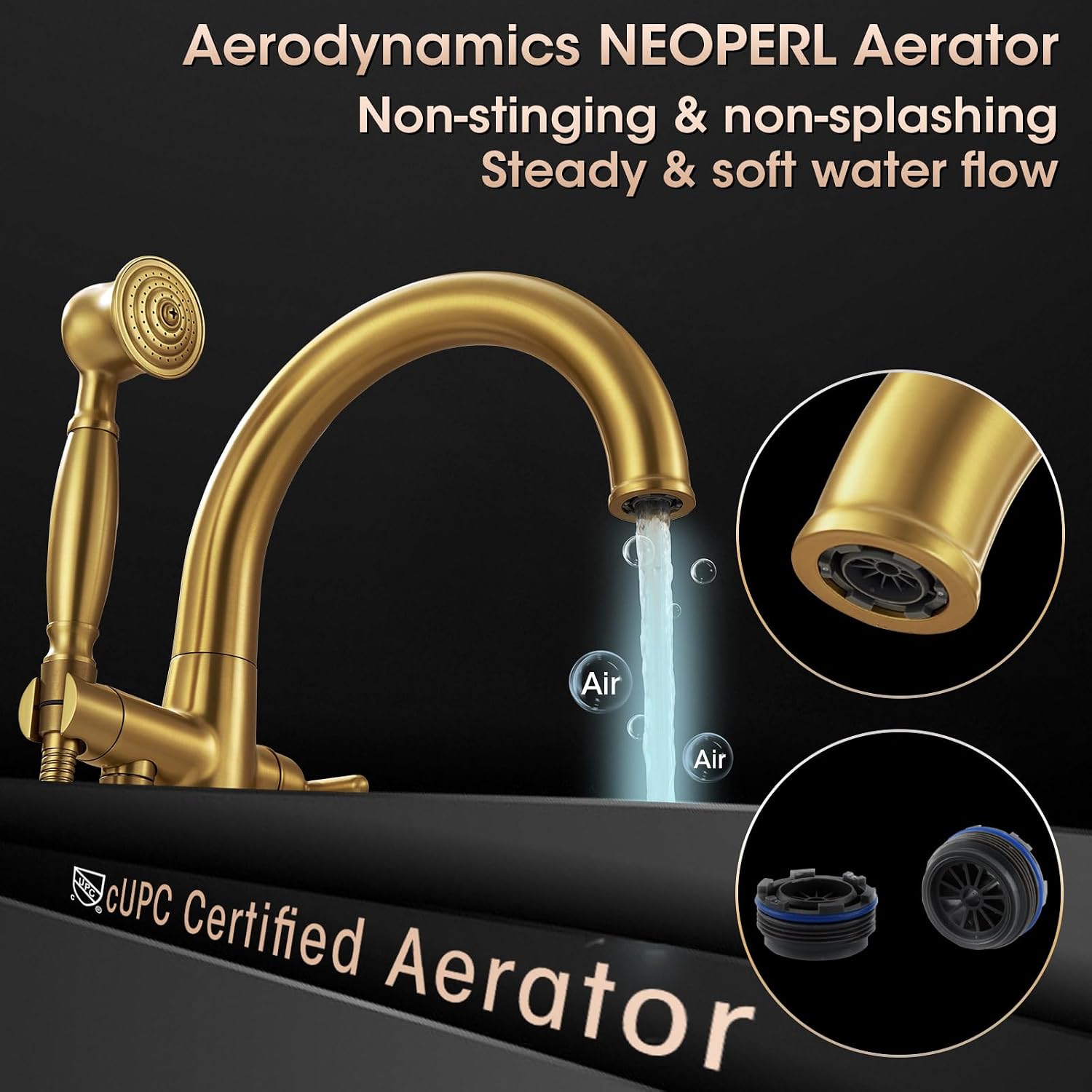 Free Standing Tub Faucet, Wintap Brass Antique Freestanding Bathtub Filler with Handheld Sprayer Max 6.6GPM/60PSI Classic Brushed Gold WT-9811BG