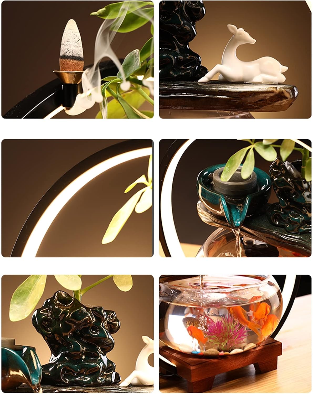 HIHELO Desktop Fountain Indoor Relax Tabletop Fountain with Glass Fish Tank, Wooden Base and LED Lights, Indoor Zen Tabletop Relax Water Feature Water Fountain Outdoor (Color : A)