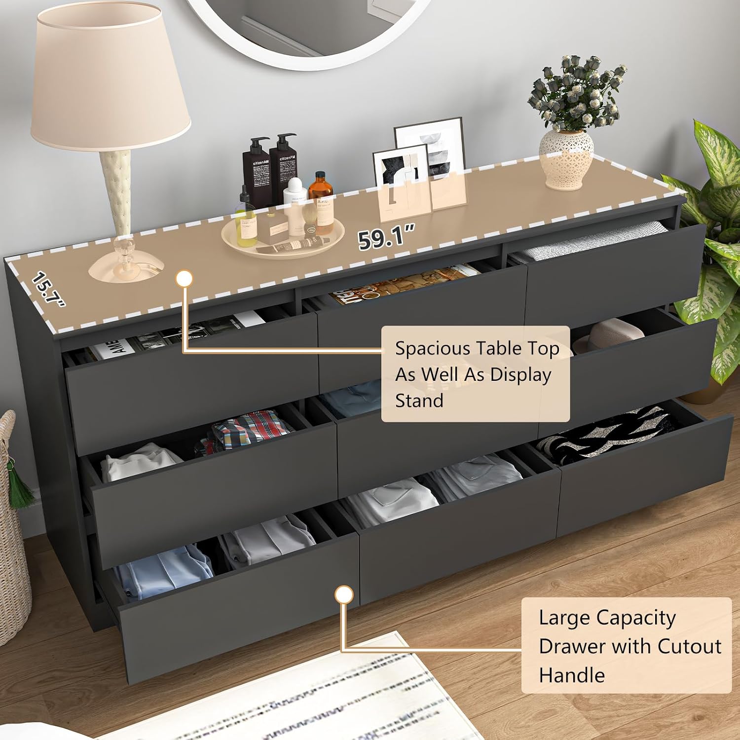 Vibe & Dine Black Dresser 9 Drawer, Modern Long Dresser for Bedroom, Wood Chest of Drawers with Wide Storage for Living Room