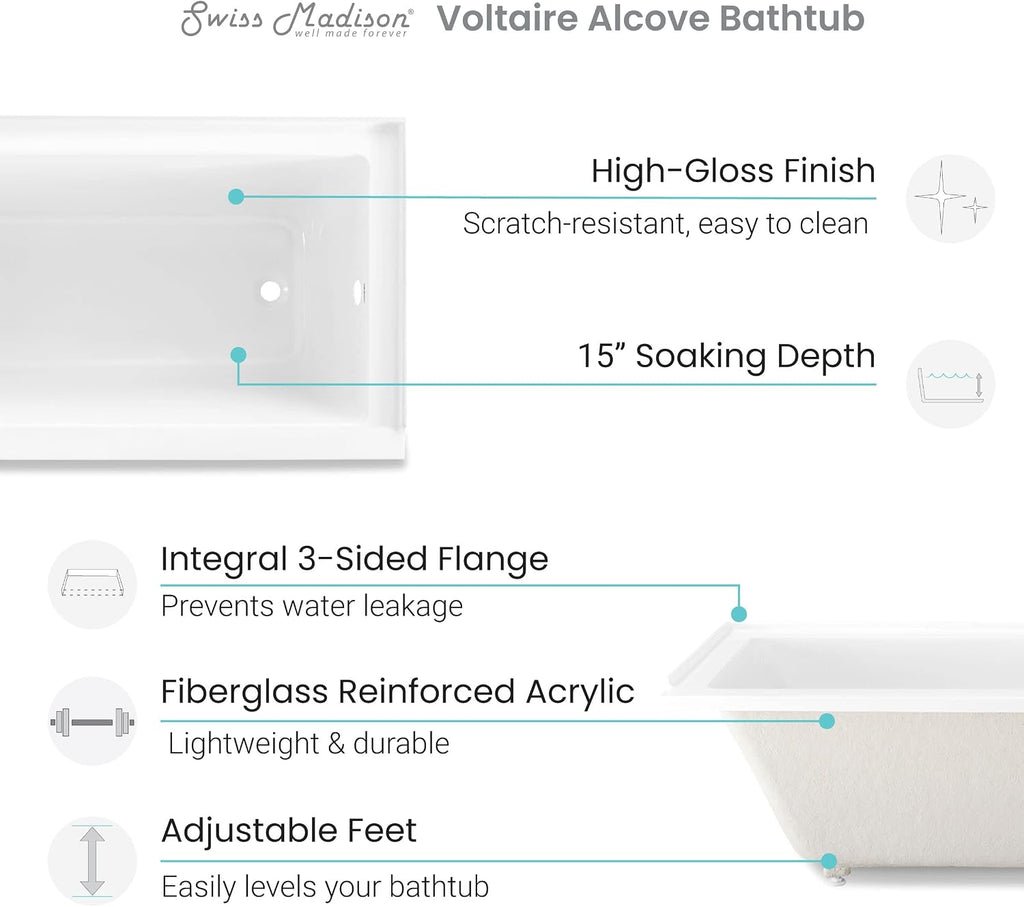 Swiss Madison Voltaire 48' x 32' Right-Hand Drain Alcove Bathtub