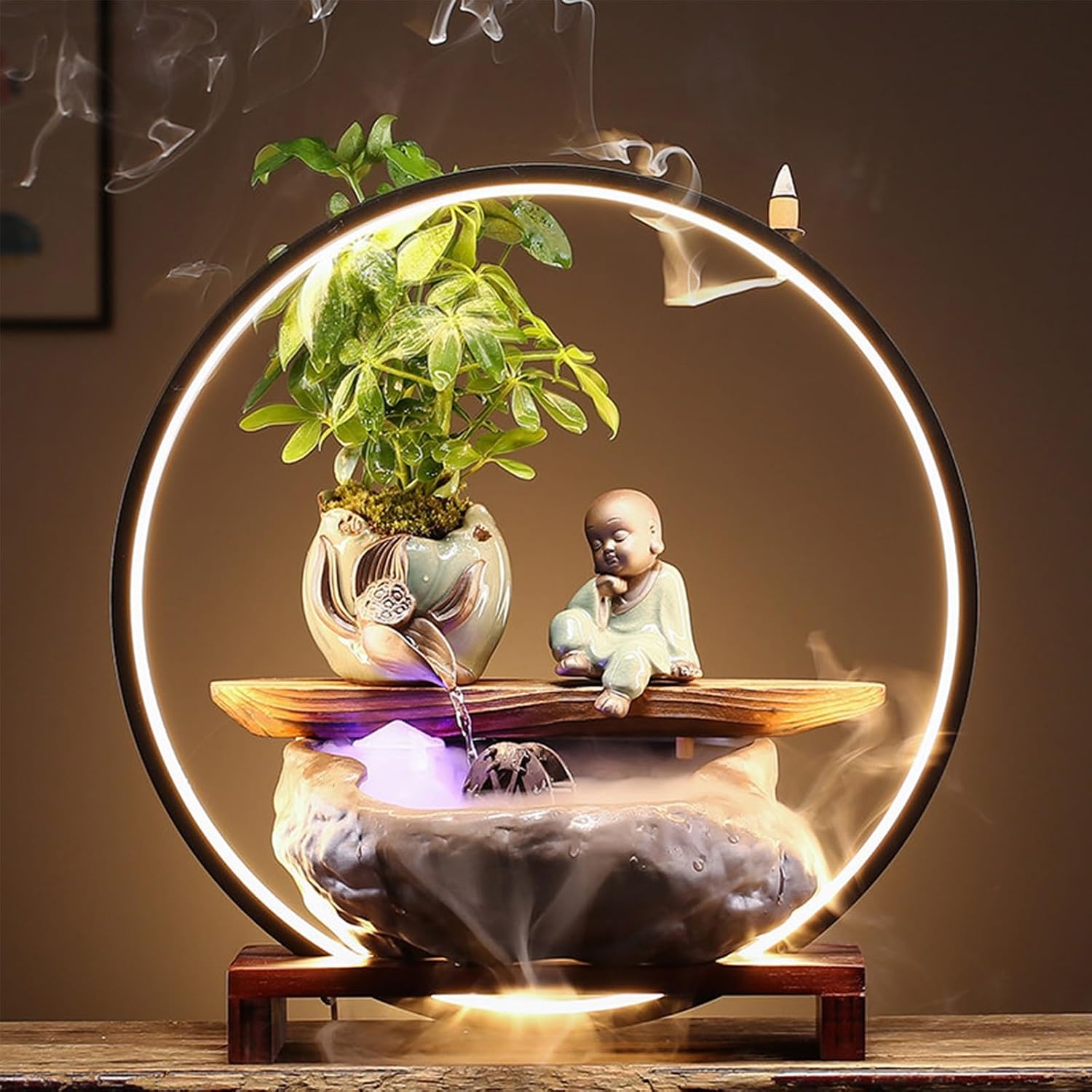 Tabletop Fountain with LED Light, Cwaterfall for Desk with Solid Wood Base & Water Storage Basin, Chinese Zen-Inspired Flowing Water Ornament for Office Living Room(F)