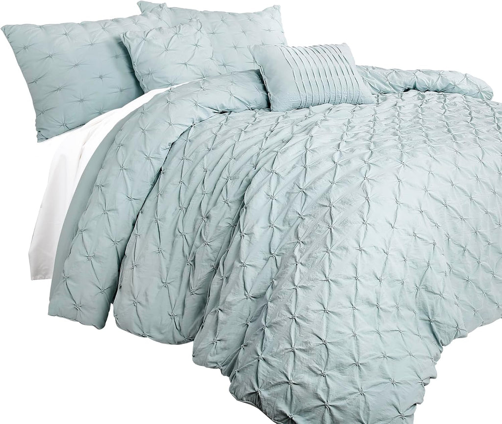 Lush Decor Ravello Pintuck Comforter Set - Luxe 5 Piece Textured Bedding Set - Traditional Glam & Farmhouse Inspired Bedroom Decor - Full/ Queen, Blue